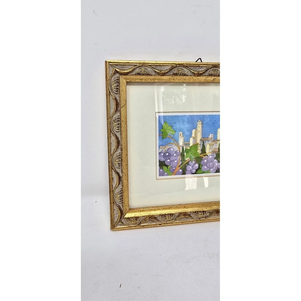Vtg watercolor San Gimignano countryside Tuscany Italy framed signed wall decor
